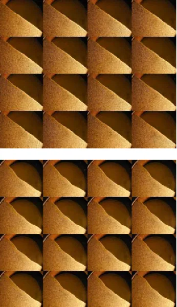 Fig. 9. Free surface and active layer profiles at 2 rpm (upper) and at 6 rpm (lower), at time intervals of 0.6 s.