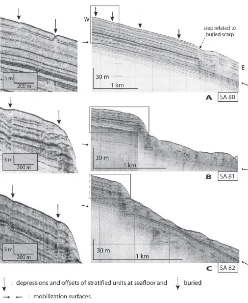 Fig. 8. Chirp-sonar profiles (location in Figs. 2, 9, 10) and close-ups showing subtle depressions and minor reflector offsets of other- other-wise undisturbed sediment units at the seafloor or buried
