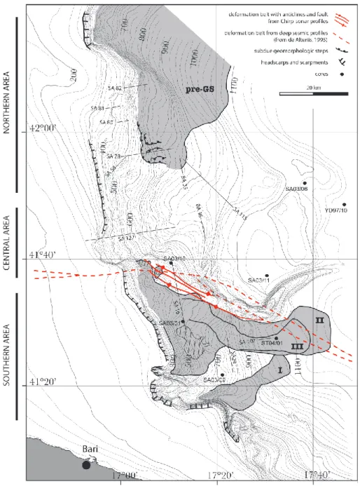 Fig. 9. Distribution of mass-transport deposits pre-dating the largest failure event of the Southwestern Adriatic Margin