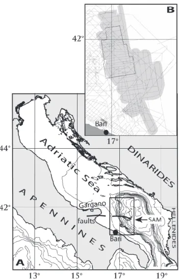 Fig. 1. (A): location of the Sothwestern Adriatic Margin (SAM) in the Adriatic Sea, Central Mediterranean Sea (bathymetric  con-tour intervals are every 100 m)