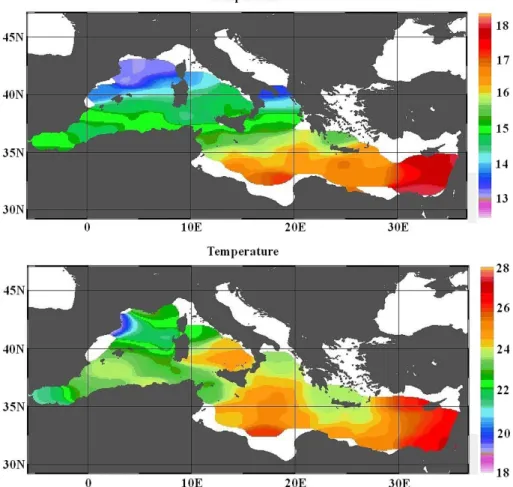 Fig. 6. Climatological temperature fields at surface in January (a) and July (b). Temperatures at 5 m depth.