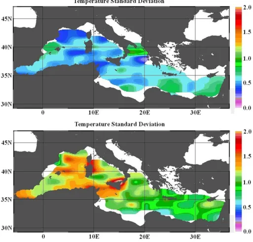 Fig. 7. Climatological standard deviations at surface in January (a) and July (b). Deviations at 5 m depth.
