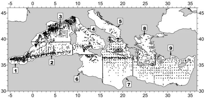 Fig. 1. Regional breakdown of the Mediterranean Sea with the positions of Medatlas casts indicated by crosses in the plot