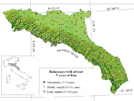 Fig. 1. Study area and location of raingauges for different values of the minimum record length.
