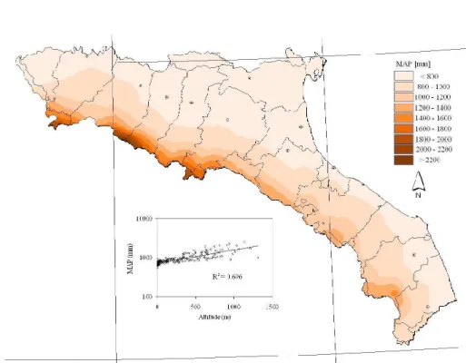 Fig. 2. Mean annual precipitation MAP (mm). MAP versus Altitude (m a.s.l.).