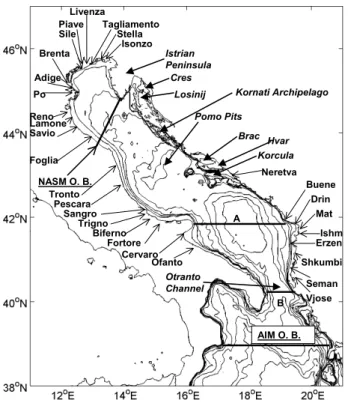 Fig. 1. The Adriatic Sea coastal and bottom morphology. The figure also shows the approximate location of the Adriatic Rivers’ mouth discharging into the basin, the location of the AIM and NASM open boundaries (AIM O.B