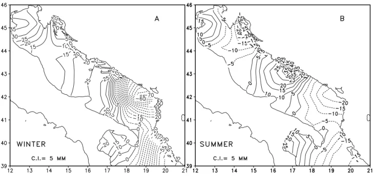 Fig. 4. Seasonal climatological (E-P) interpolated in the AIM grid. (A): winter, (B): summer