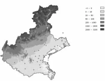 Fig. 1.  Digital Elevation Model of the Veneto Region with rain gauging stations. Elevation in m -  Distance ranges: N-S  circa