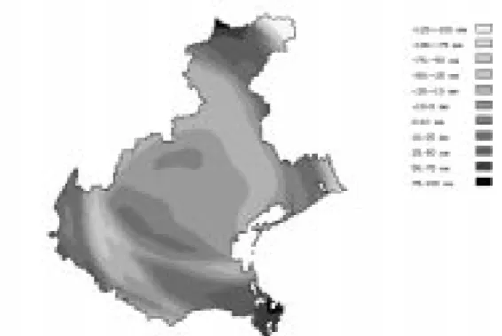 Fig. 8b. The bias of the estimated adjusted rainfall in mm, using the Gaussian model