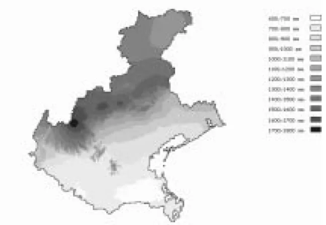 Fig. 12. The estimated standard deviation of the average yearly totals of precipitation over the Veneto region in Italy in mm, using