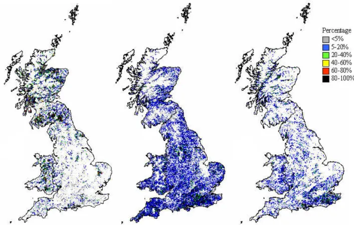 Fig. 1. The distribution of three woodland habitats in Great Britain:(a) managed coniferous woodland, (b) managed broadleaved and mixed woodland, (c) unmanaged  woodland.