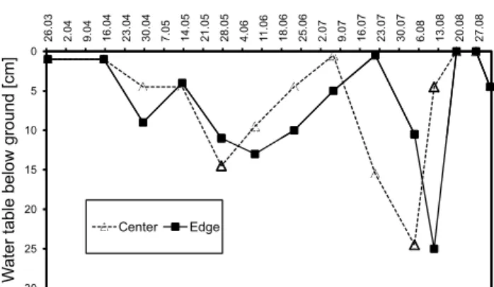 Fig. 1. Water table at the center and at the edge of the research site in the Pietzmoor from March to August 2004.