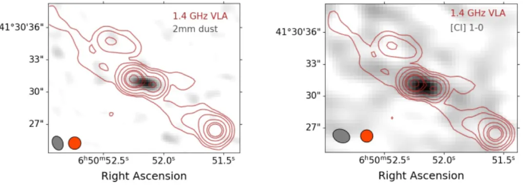 Fig. 2. Dust (left) and [CI]1–0 morphol- morphol-ogy (right) of 4C41.17. Contours show the 1.4 GHz radio morphology