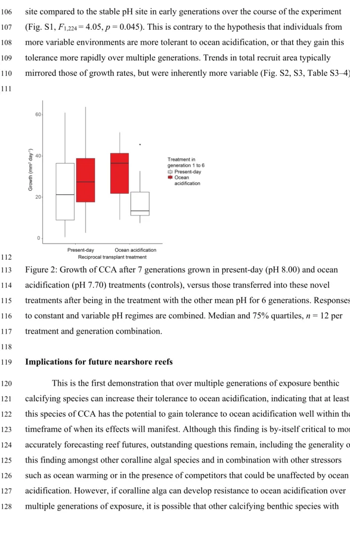 Figure 2: Growth of CCA after 7 generations grown in present-day (pH 8.00) and ocean 