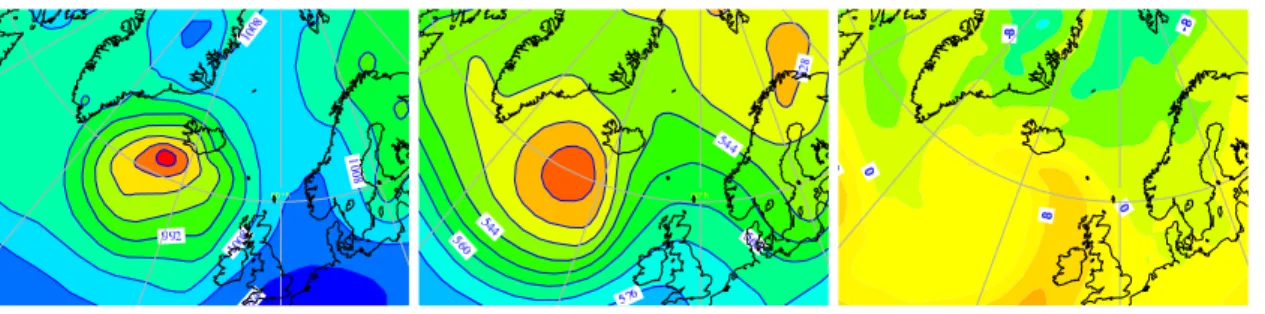 Fig. 1. Mean sea level pressure (hPa) (left), geopotential height at 500 hPa (m) (middle) and temperature at 850 hPa ( ◦ C) (right) on 16 September 2004 at 06:00 UTC