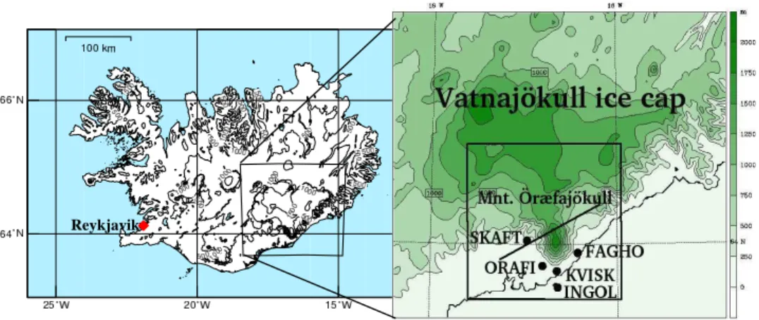 Fig. 2. Domain setup and location of observational sites. The box on the right hand side shows the region of interest around Mnt
