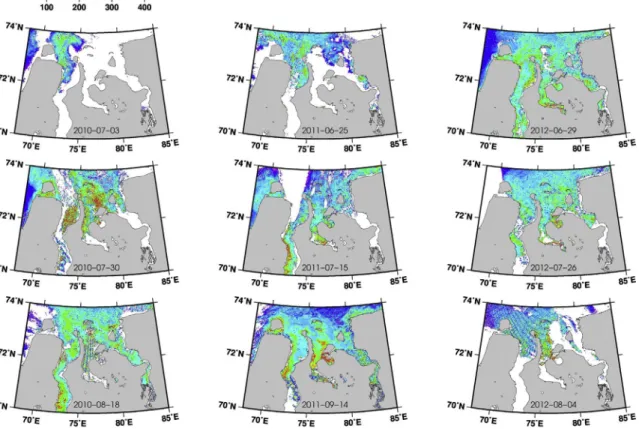 Fig. 9. Same for Fig. 8 but for Kara Sea. Three relatively cloud-free images were selected for 2010 (left), 2011 (middle), and 2012 (right).