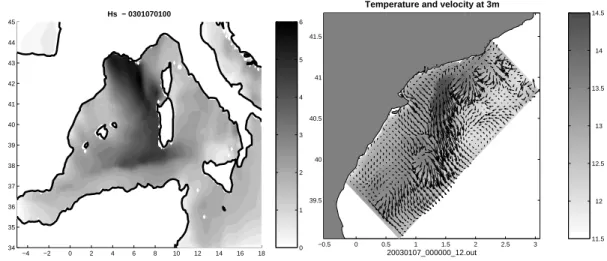 Fig. 3. Results of the reference run during the storm (7 January). (Top) Significative wave height