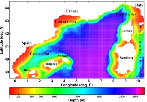 Fig. 1. The Northwestern Mediterranean Sea Model Domain and Bottom Topography based on the U.S