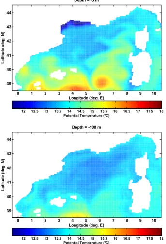 Fig. 9. Initial Conditions for potential temperature: at 5 m depth (upper panel) and at 100 m depth (lower panel), from December of the 8th year of the Mediterranean Sea OGCM  climato-logical integration (source data: Mediterranean Forecasting System, 2002