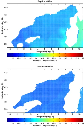 Fig. 10. Initial Conditions for potential temperature: at 400 m depth (upper panel) and at 1000 m depth (lower panel), from December of the 8th year of the Mediterranean Sea OGCM  climato-logical integration (source data: Mediterranean Forecasting System, 