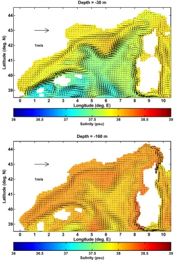 Fig. 13. Velocity field and horizontal distribution of salinity: at 30 m depth (upper panel) and at 160 m depth (lower panel) during November from the climatological experiment.