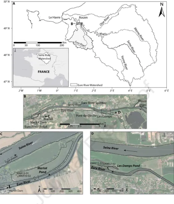 Figure  1.  A.  Seine  River  watershed;  B.  Study  Area;  C.  Sediment  core  locations  in  Martot  Pond  and  D