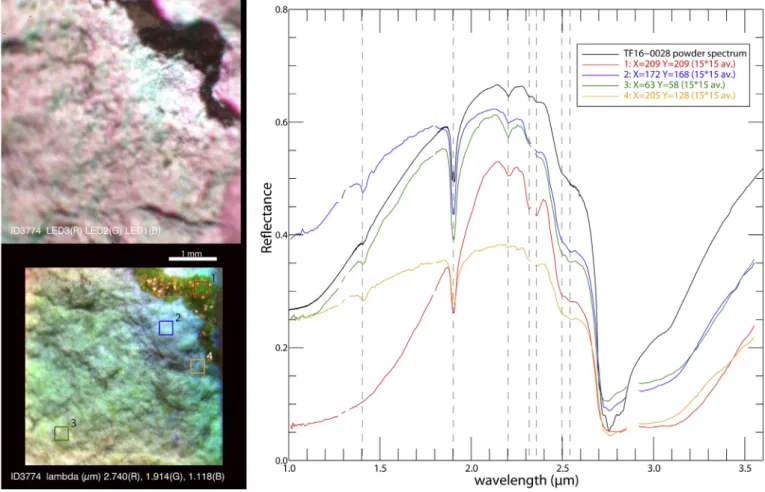 Fig. 9. Example of images and spectra from a MicrOmega observation using the PTAL set-up