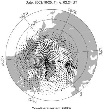 Fig. 3. Snapshot of the horizontal ionospheric currents given by the BATS-R-US. Dots indicate the locations to which the ground fields are computed and from which the measured ground magnetic field data was obtained