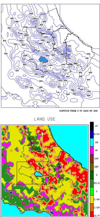 Figure 1 shows the model triple-nested domain used in the experiments. The outer domain covers Italy and the surrounding regions at a grid interval of 27 km, the  mediate domain covers central Italy at a 9 km grid  inter-val, while the inner domain encompa