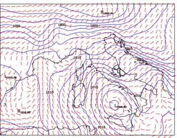 Fig. 3. Sea level pressure (mb) and wind speed (m/s) and direction at given times within the four simulated cases