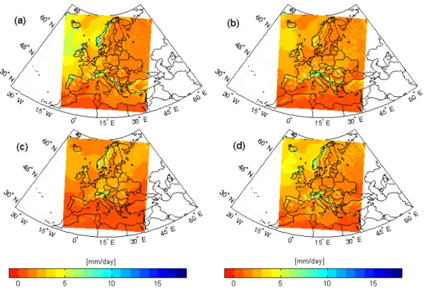 Fig. 3. Seasonal averages of rainfall [mm day -1 ] for the entire HadRM3H integration domain for the period 19601990; (a) winter (December to February), (b) spring (March to May), (c) summer (June to August) and (d) autumn (September to November).