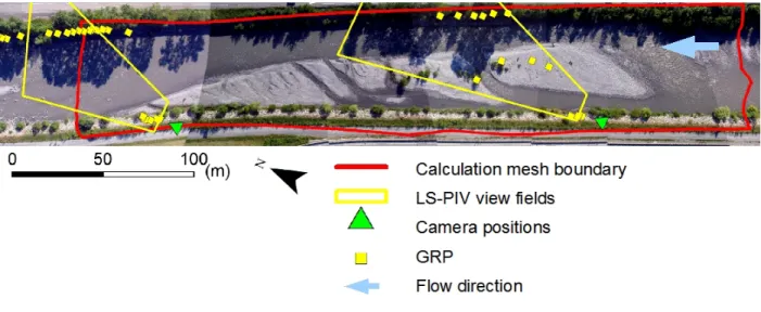 Figure 5: LS-PIV installation with the positions of the camera and the view fields, the GRPs and the boundary of the calculation mesh.