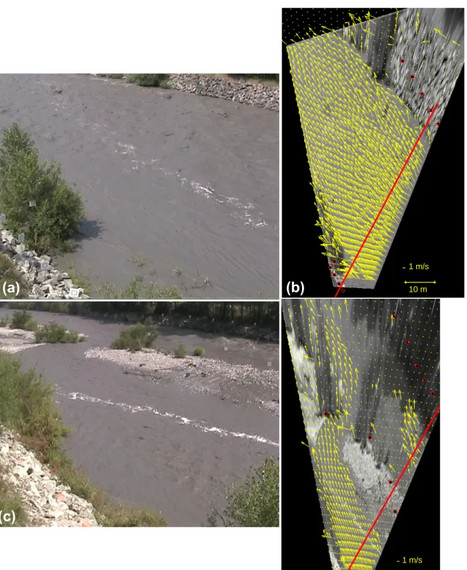Figure 2: Typical flow images before and after rectification, LS-PIV time-averaged surface velocity fields and cross-section used for transect analysis: Site D (a) and after rectification (b), Site C (c) and after rectification (d)