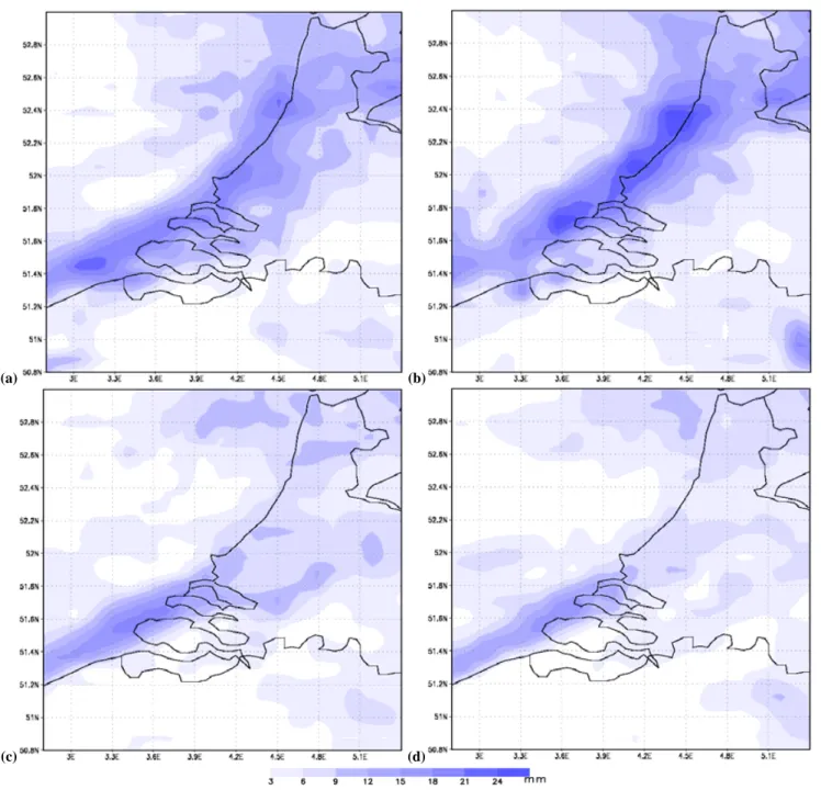 Fig. 10. Accumulated precipitation amounts (mm), produced by simulation 2 (a), 3 (b), 4 (c) and 5 (d) over the time period between 12 August 2004 12:00 UTC and 13 August 2004 12:00 UTC