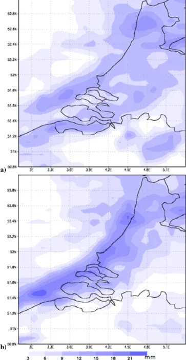 Fig. 6. Accumulated precipitation amounts (mm), calculated by the Blackadar combination (a) and the  Kain-Fritsch-Burk-Thompson combination (b), over the time period between 12 August 2004 12:00 UTC and 13 August 2004 12:00 UTC.