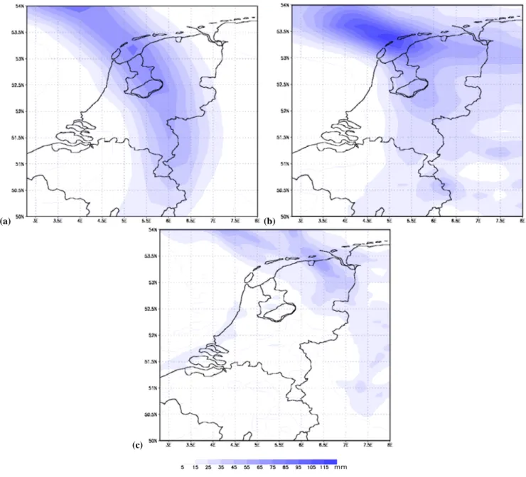 Fig. 7. Accumulated precipitation amounts (mm), calculated by the operational numerical weather prediction models ECMWF (a) and HIRLAM (b) and the non-hydrostatic mesoscale model MM5 (c), over the time period between 12 August 2004 12:00 UTC and 13 August 
