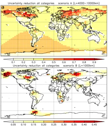Fig. 5. Emission uncertainty reduction aggregated over the complete year 2003 and over all source categories for (a) 4D-Var reference scenario A and (b) scenario B using shorter prior error correlation lengths