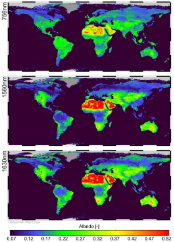 Fig. 1. Albedos retrieved in transparent regions of the O 2 , CO 2 , and CH 4 fitting windows, respectively, considering only cloud free (and snow and ice free) ground scenes during 2003 and 2004