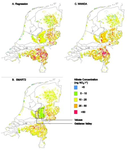 Fig. 2. Maps of the upscaled NO 3  concentration for all 1 km cells that contain forest as estimated by the regression model (a) and the dynamic models W ANDA  (b) and S MART 2 (c), The white cells do not contain forest.