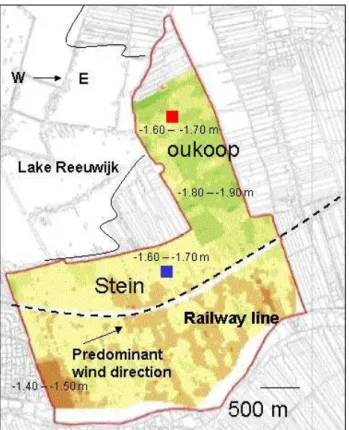 Fig. 1. Map of the research site at Reeuwijk. (Colours indicate mean elevation below sea level as indicated in the figure; blue square: Location micro-meteorological tower in Stein (52 ◦ , 01 ′ , 7.35 ′′ N; 4 ◦ , 46 ′ 43.45 ′′ S), red square: Oukoop (52 ◦ 