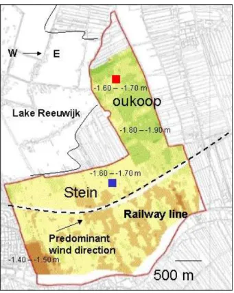 Fig. 1. Map of the research site at Reeuwijk. (Colours indicate mean elevation below sea level as indicated in the figure; blue square: Location micro-meteorological tower in Stein (52 ◦ , 01 ′ , 7.35 ′′ N; 4 ◦ , 46 ′ 43.45 ′′ S), red square: Oukoop (52 ◦ 