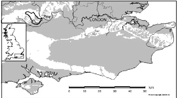 Fig. 1. Study area location. Unshaded areas are HOST Class 1 and 2 soils (Boorman et al., 1995) which, in this figure, are predominantly associated with the drift-free Chalk outcrop in SE England