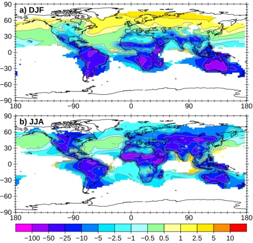 Fig. 2. Relative di ff erence ( NOBIONO BASE − BASE × 100%) of the lower tropospheric mixing ratio of NO x in % – values below 30 pmol mol in the BASE simulation excluded from calculation – averaged for (a) December, January, February and (b) June, July an