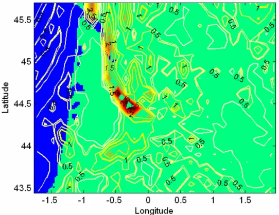 Fig. 4. Spatial distribution of the RE [ppm] at 10 km resolution; 250 m above the surface at 14:00 UTC 27 May 2005