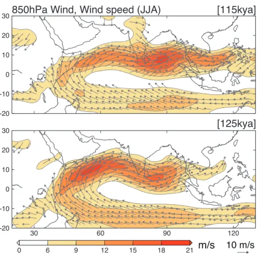 Fig. 5. The June to August averaged 850 hPa wind vector and scalar wind speed for (a) the 115 kya B