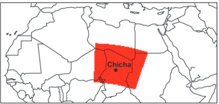 Fig. 1. Location of the field site “Chicha” in the Bod´el´e depression, Chad. The domain of the regional model is indicated in red.