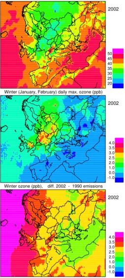 Fig. 3. Summer (June, July, August) mean of daily maximum ozone in ppb. Top, summer ozone as calculated for 2002