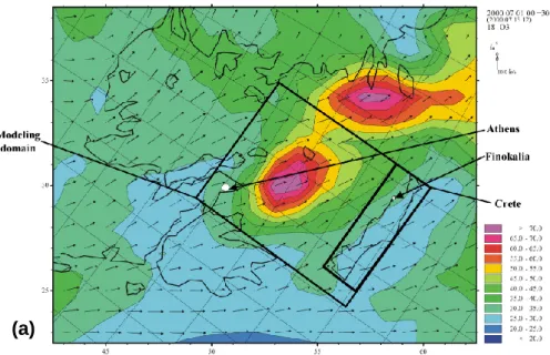 Fig. 1. Simulation results of the (a) ozone and (b) nitrogen oxides surface concentration for an extended grid using the CTM-NILU regional model (unit in ppb) on 13 July 2000.