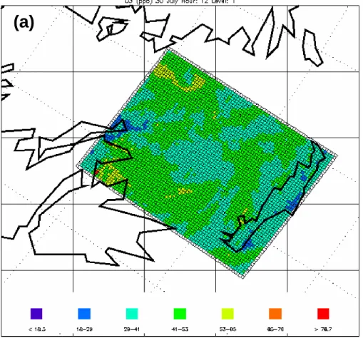 Fig. 2. Surface spatial distribution of (a) O 3 (b) NO 2 (c) SO 2 (d) Na + (e) NH + 4 (f) CO, (g) resuspended dust and (h) PM 10 at 30 July 12:00 h.